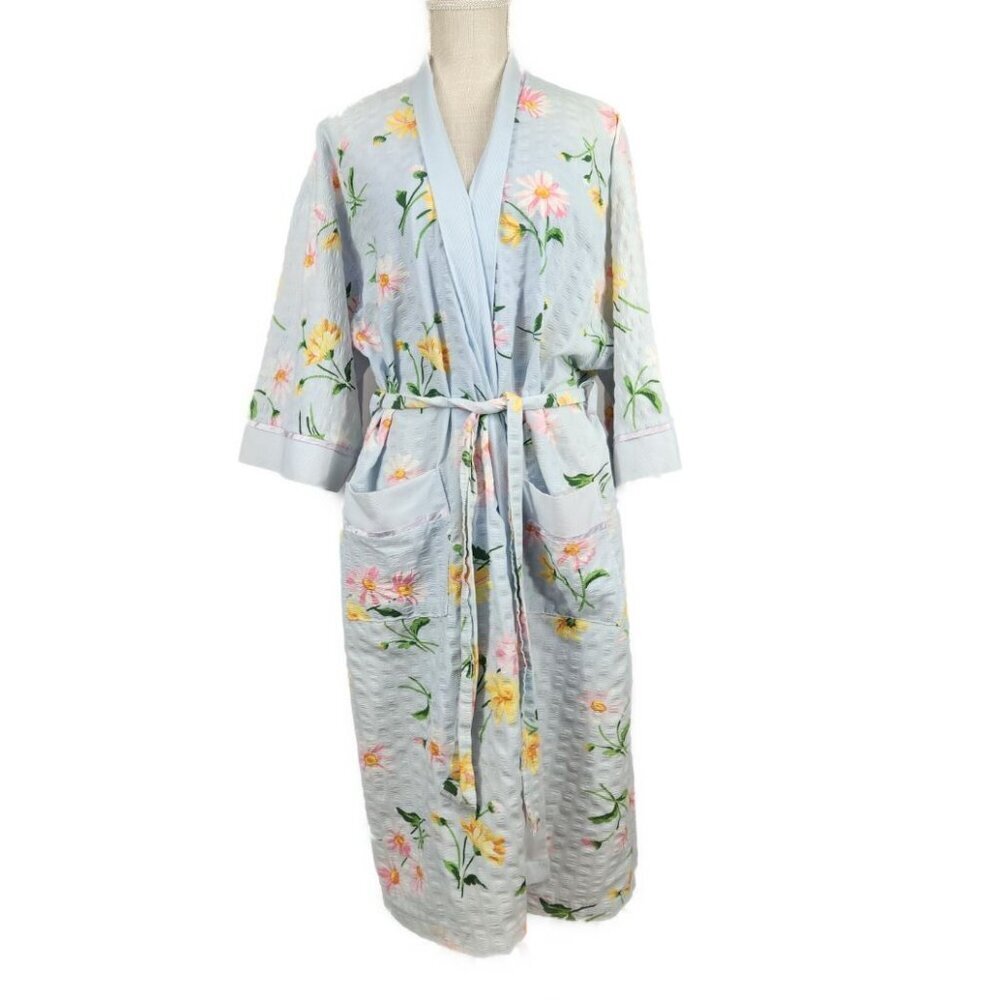 Adonna  Robe Floral Open Belted Blue Floral 3/4 Sleeve Size Medium Dressing Gown